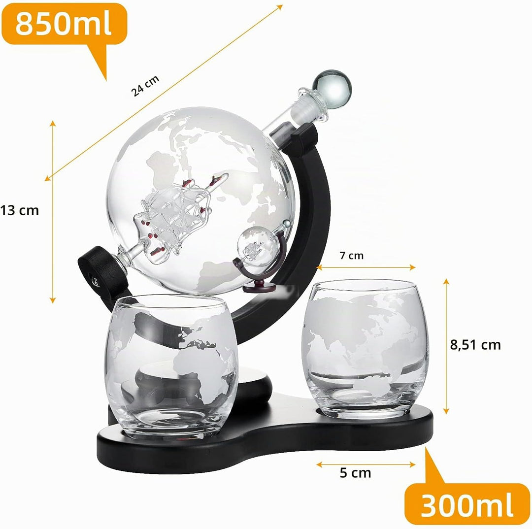 Zcoolo Whisky Decanter Set 850 ml Decanter, 2 Engraved Ball Glasses, Stainless Steel Funnel and 8 St