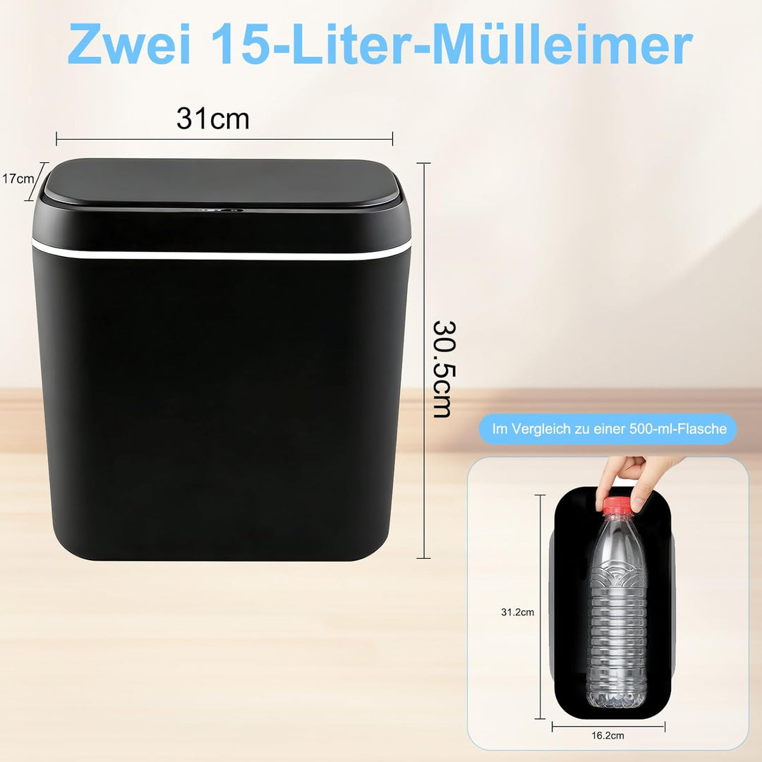 Elektrischer Mülleimer 2er-Set,15L Mülleimer mit Sensor mülleimer, schlankes schmales Design, leise