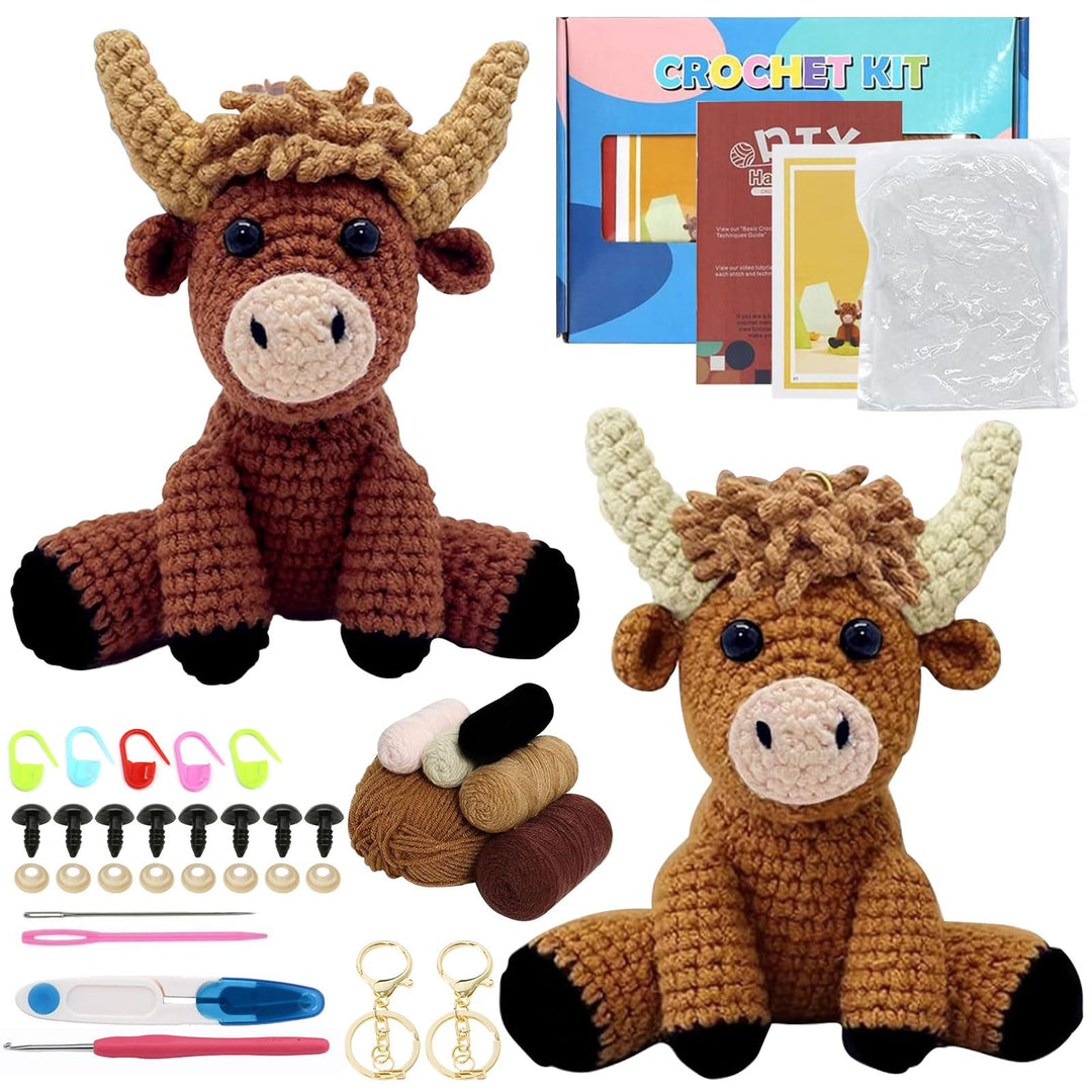 Komplettes Häkelset für Anfänger - Tiere Häkelset, 2 Stück Hochlandrind Strickset für Erwachsene Kin
