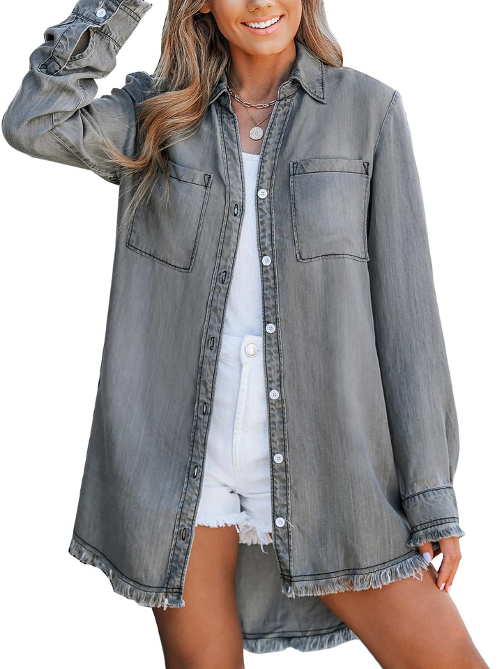 CUPSHE Damen Jeanshemd V-Ausschnitt Knopfleiste Brusttaschen Asymmetrisch Jeansbluse Hemdblusen Deni