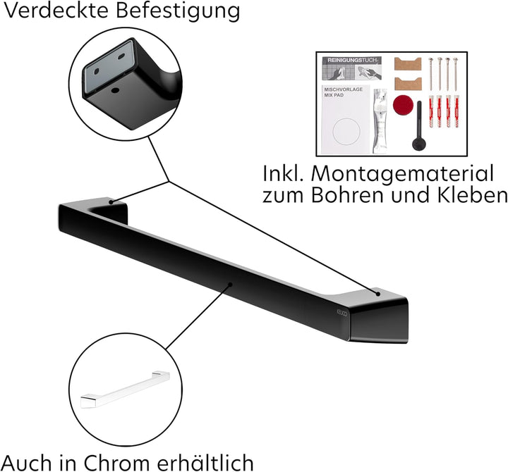 KEUCO Rose Badetuchhalter 60 cm, ohne Bohren, Metall schwarz matt, Made in Germany, inkl. Klebeset u