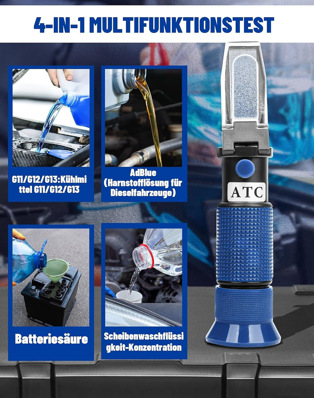 4-in-1 Frostschutz Refraktometer mit ATC, Kühlmitteltester Auto Blau | Für Ethylenglykol G11 G12, Pr