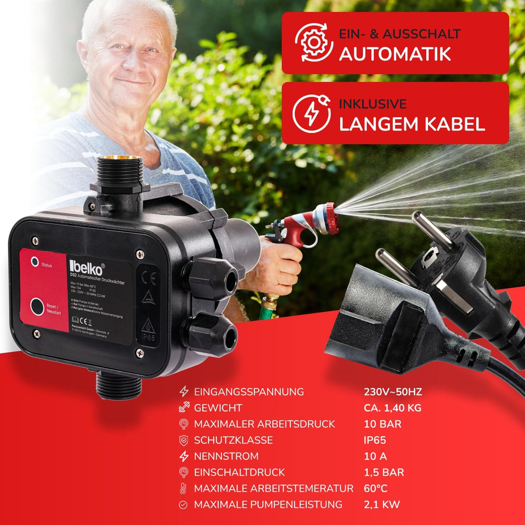 Belko Druckwächter Druckschalter für Wasserpumpen BIS 2,2 kW, mit Kabel bis 10 Bar, Gartenbewässerun