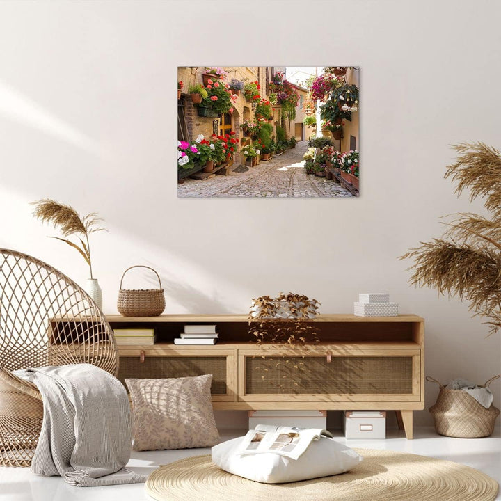 Bilder auf Leinwand Blume Strasse Haus Leinwandbild mit Rahmen 70x50cm Wandbilder Dekoration Wohnzim