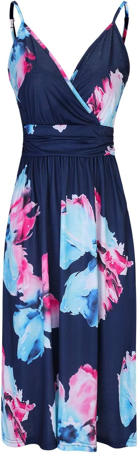OUGES Kleid Damen Spaghettiträger Sommer Kleider Knielang V-Ausschnitt Strandkleid mit Taschen S Flo