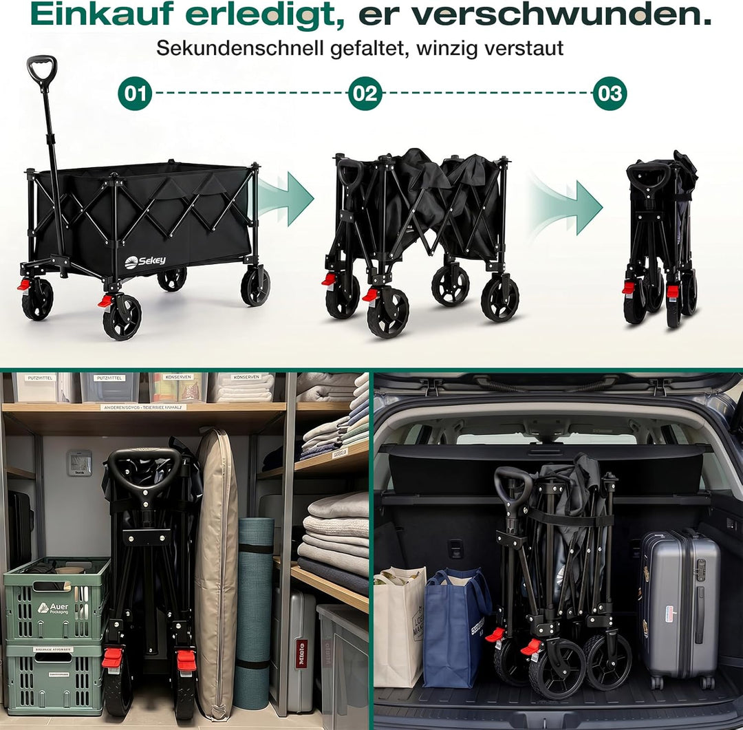 Sekey Bollerwagen Faltbar 135L 150KG Belastbar, Transportwagen klappbar mit Geländereifen mit Bremse