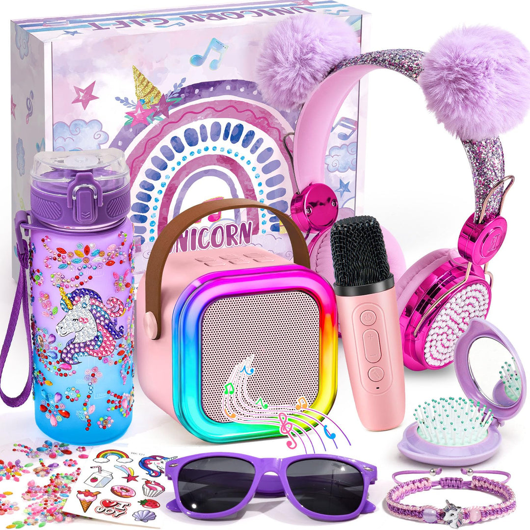 G.C Einhorn Geschenke für Mädchen 6-12 Jahre, Mini Karaoke Maschine mit LED Kindermikrofon, Trinkfla