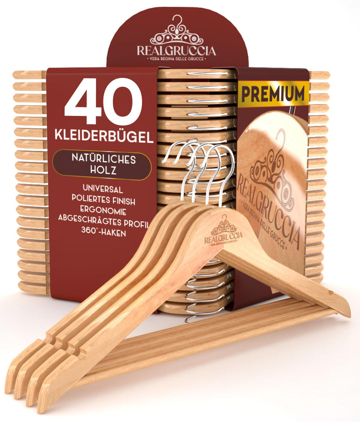 40 Kleiderbügel aus Holz Holzbügel RealGruccia Farbe Naturholz von Hosen Anzügen Hemden - mit Hosens