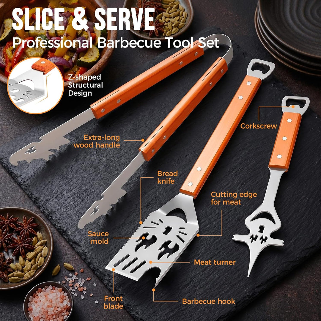 Yoassi BBQ Grillbesteck Set 3-teilig Edelstahl, Grillzubehör mit Grillzange, Grillwender, Fleischgab