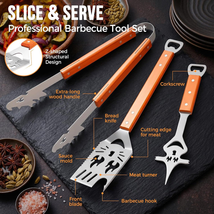 Yoassi BBQ Grillbesteck Set 3-teilig Edelstahl, Grillzubehör mit Grillzange, Grillwender, Fleischgab
