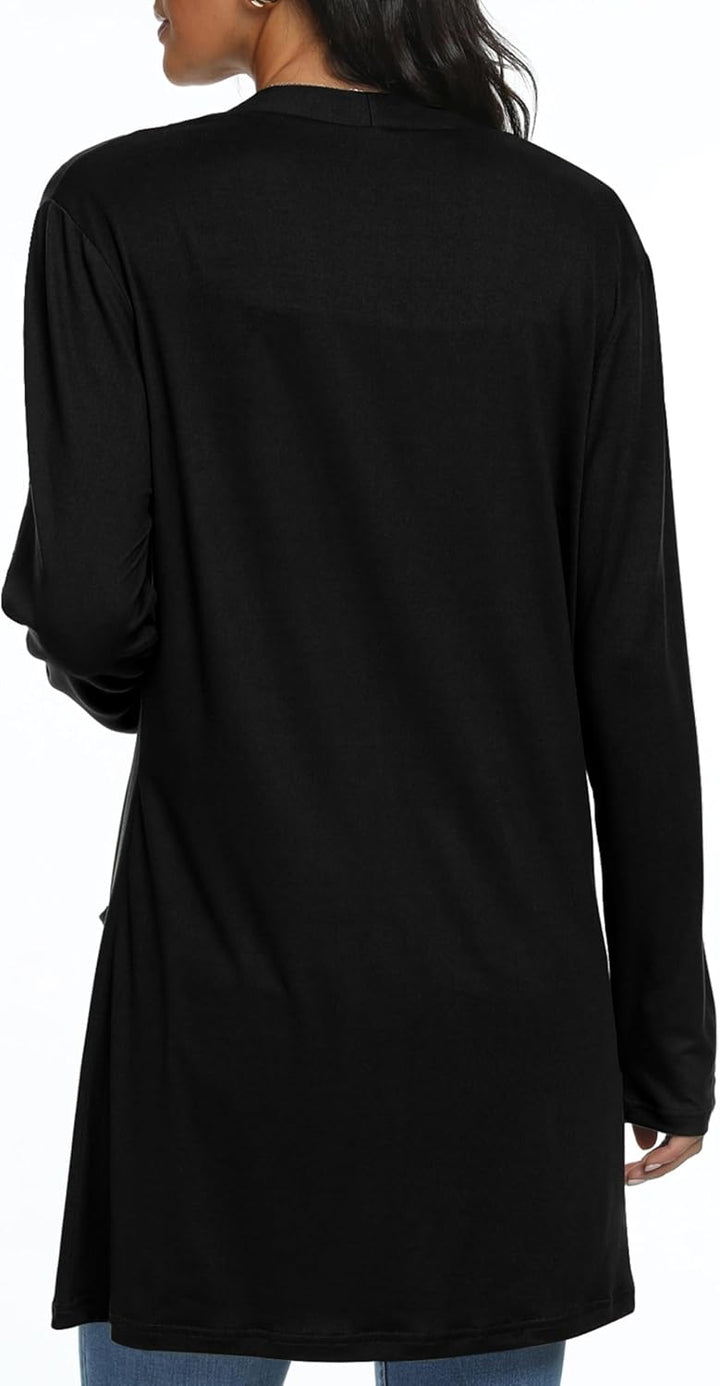 QIXING Casual Leichte Strickjacke Damen Lang Elegant Dünne Strickjacke Lange Ärmel mit Taschen Open