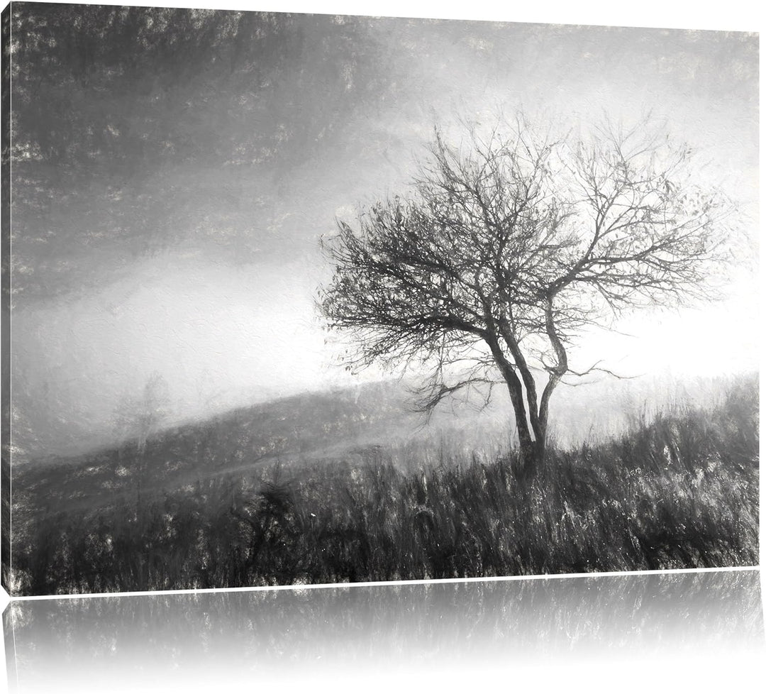 Pixxprint Baum in Landschaft Kohle Effekt, Format: 100x70 auf Leinwand, 100x70