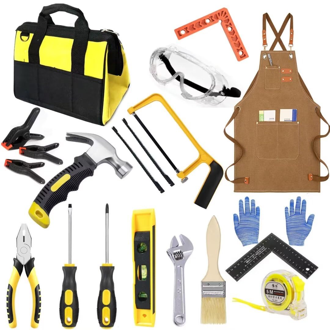 Kinder Werkzeug Set, Kinder Bauwerkzeug Spielzeug Set mit Echten Handwerkzeugen, 20 Stück Anfänger H