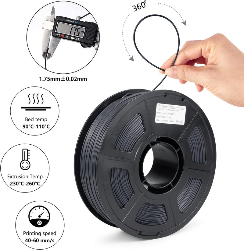 IEMAI ASA Kohlefaser Filament 1,75 mm, 3D Drucker Filament ASA, Carbon Fiber Filament 1.75 ASA Gefül