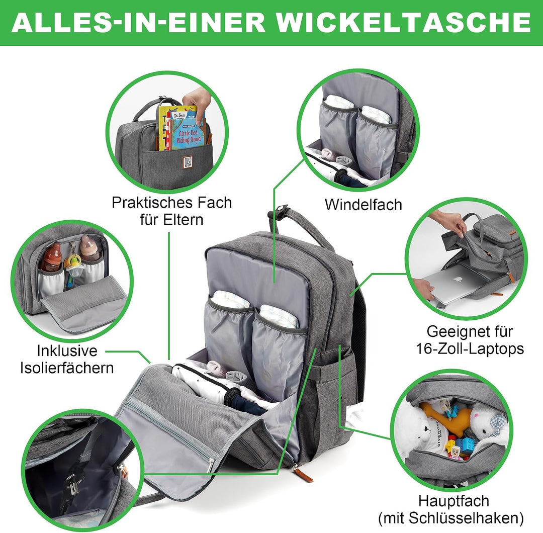 Brisby Wickelrucksack gross - Wickeltasche kinderwagen mit isoliertes Frontfach, Babytasche mit Wick
