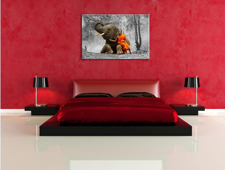 Pixxprint Mönch mit Elefanten im Wald als Leinwandbild | Grösse: 100x70 cm | Wandbild | Kunstdruck |