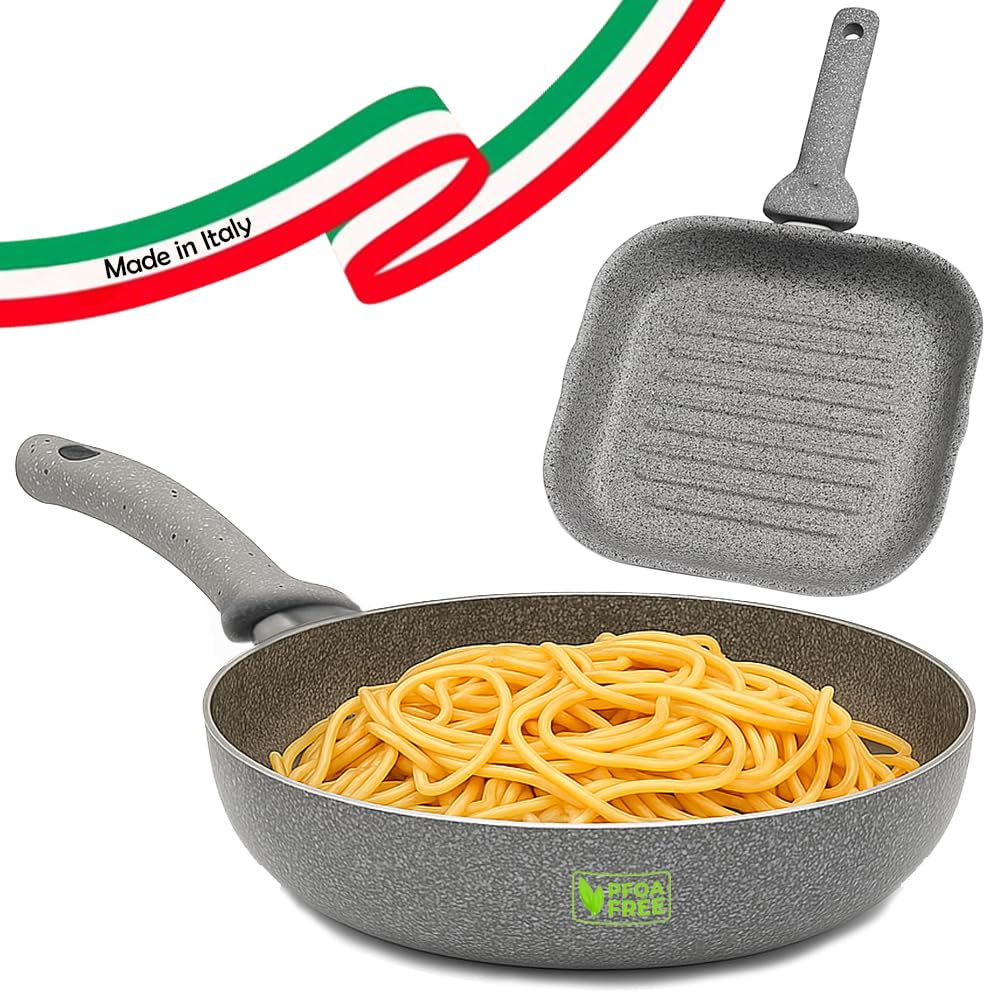 BAKAJI Set Pfanne 32 cm und Grillpfanne 24 x 24 cm, Antihaftbeschichtung in Steinoptik, PFOA-frei, w