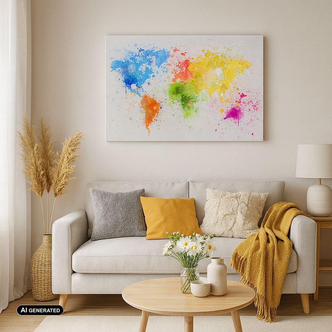 Bilder auf Leinwand Karte Welt modern Leinwandbild mit Rahmen 70x50cm Wandbilder Dekoration Wohnzimm