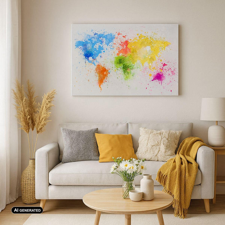 Bilder auf Leinwand Karte Welt modern Leinwandbild mit Rahmen 70x50cm Wandbilder Dekoration Wohnzimm