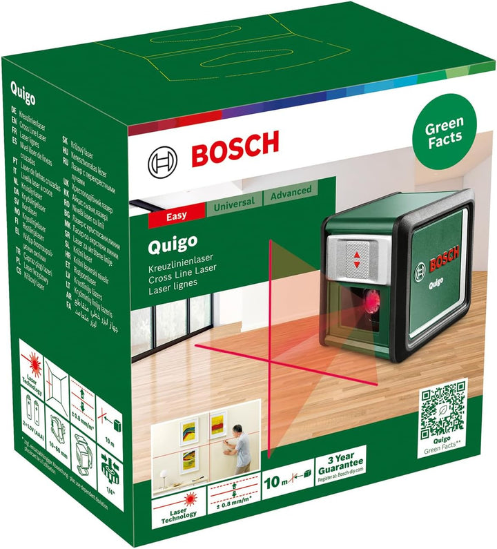 Bosch Kreuzlinienlaser Quigo mit Universalklemme MM 2 (einfaches und präzises Ausrichten mit flexibl