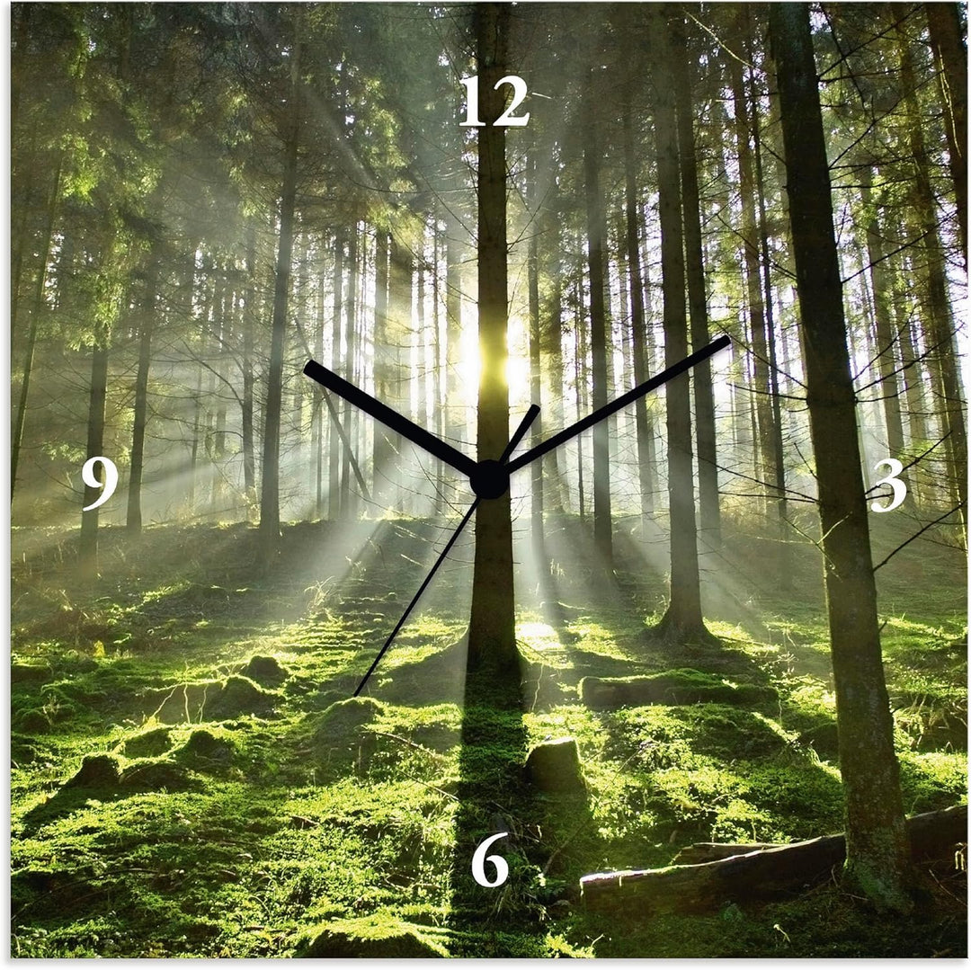 ARTLAND Wanduhr ohne Tickgeräusche Leinwand Quarzuhr 30x30 cm Quadratisch Lautlos Natur Design Wald
