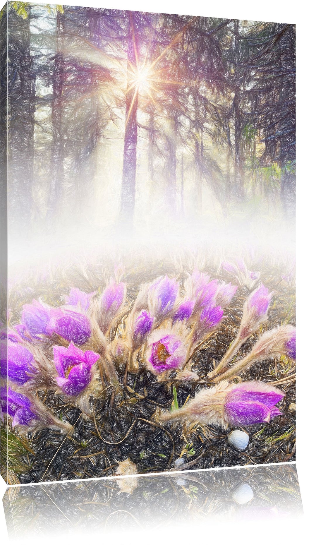 Pixxprint blühende lila Blumen im Wald Kunst Buntstift Effekt, Format: 100x70 auf Leinwand, 100x70