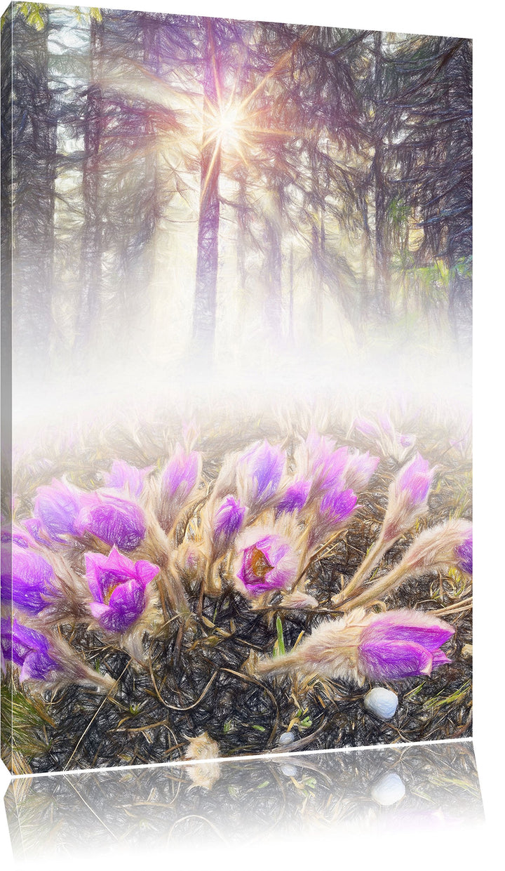 Pixxprint blühende lila Blumen im Wald Kunst Buntstift Effekt, Format: 100x70 auf Leinwand, 100x70