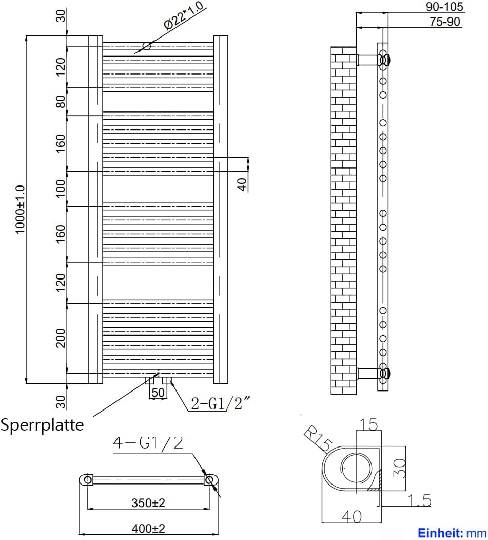 Heilmetz® Badheizkörper Weiss Handtuchtrockner Heizung 1000 x 400 mm Bad Heizkörper Handtuchheizkörp