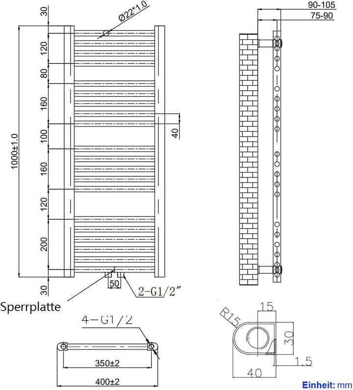 Heilmetz® Badheizkörper Weiss Handtuchtrockner Heizung 1000 x 400 mm Bad Heizkörper Handtuchheizkörp