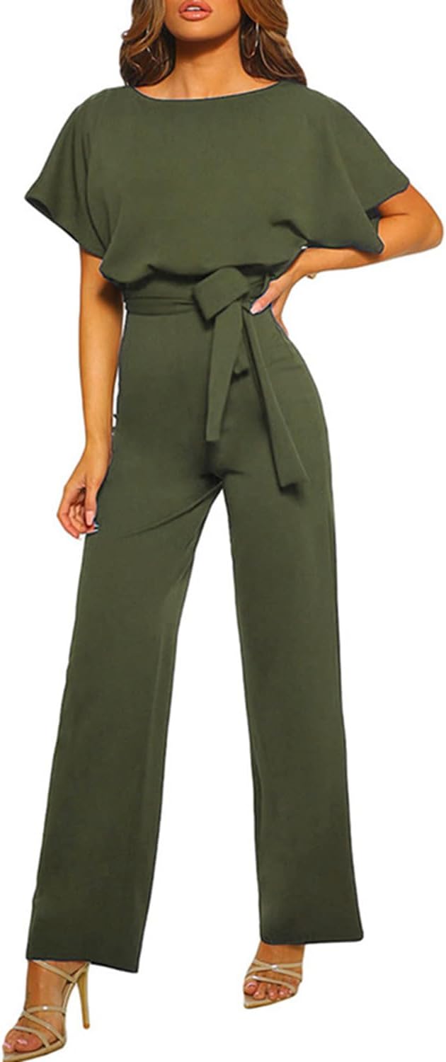 Bipily Damen Kurzarm Lang Jumpsuit Elegant Overall Jumpsuits O-Ausschnitt Playsuit Romper Hosenanzug
