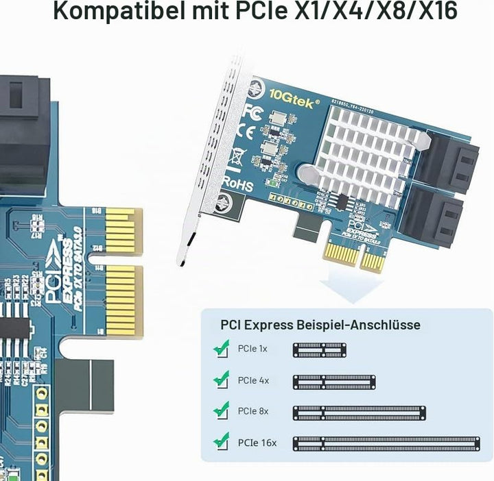 10Gtek 4-Port PCIe SATA-Karte 6 Gbit/s SATA3.0 Controller X1, unterstützt 4 SATA 3.0 Geräte, Windows