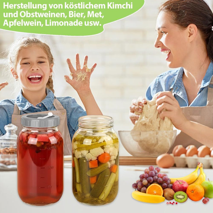 2 Stück Fermentierglas 2L mit 2 Fermentiergewichte Ø 7 cm, 1 Edelstahl Gabel, 1 Bürste, Kimchi Behäl
