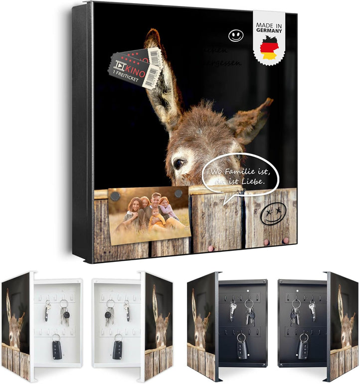 banjado® Grosser Schlüsselkasten Glas/Schlüsselbox 30cm x 30cm mit 50 Haken - Motiv Esel/Schlüsselka