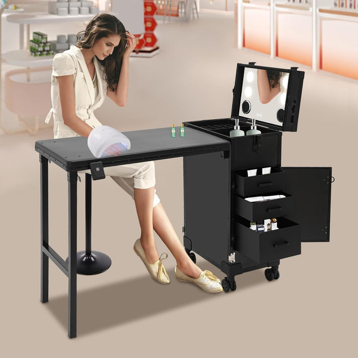 Professioneller Schminkkoffer mit Klappbarer Tisch, Rollender Friseurkoffer mit Spiegel & 3 Schublad