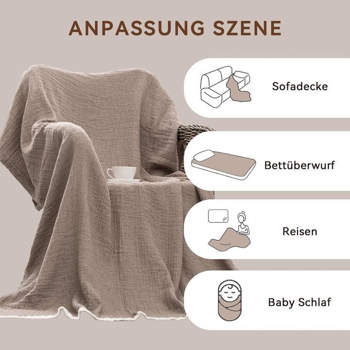 SE SOFTEXLY Musselin Decke aus 100% Baumwolle, 4-Lagige Atmungsaktive Weiche Kuscheldecke,Sofadecke