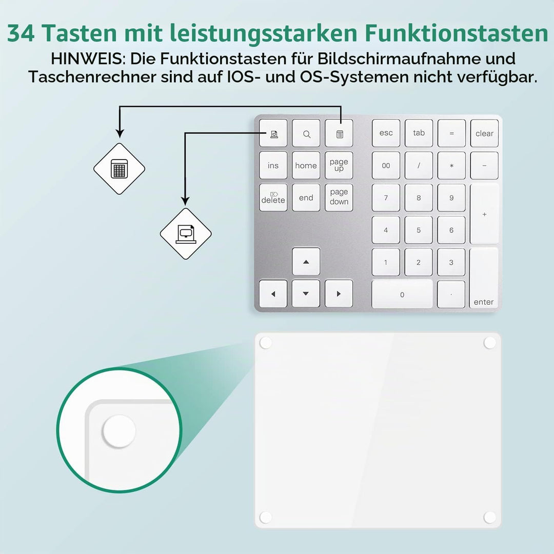 Bluetooth Ziffernblock, Bluetooth Nummerntastatur 34-Tasten, Wireless NumPad kabellose Nummer Tastat
