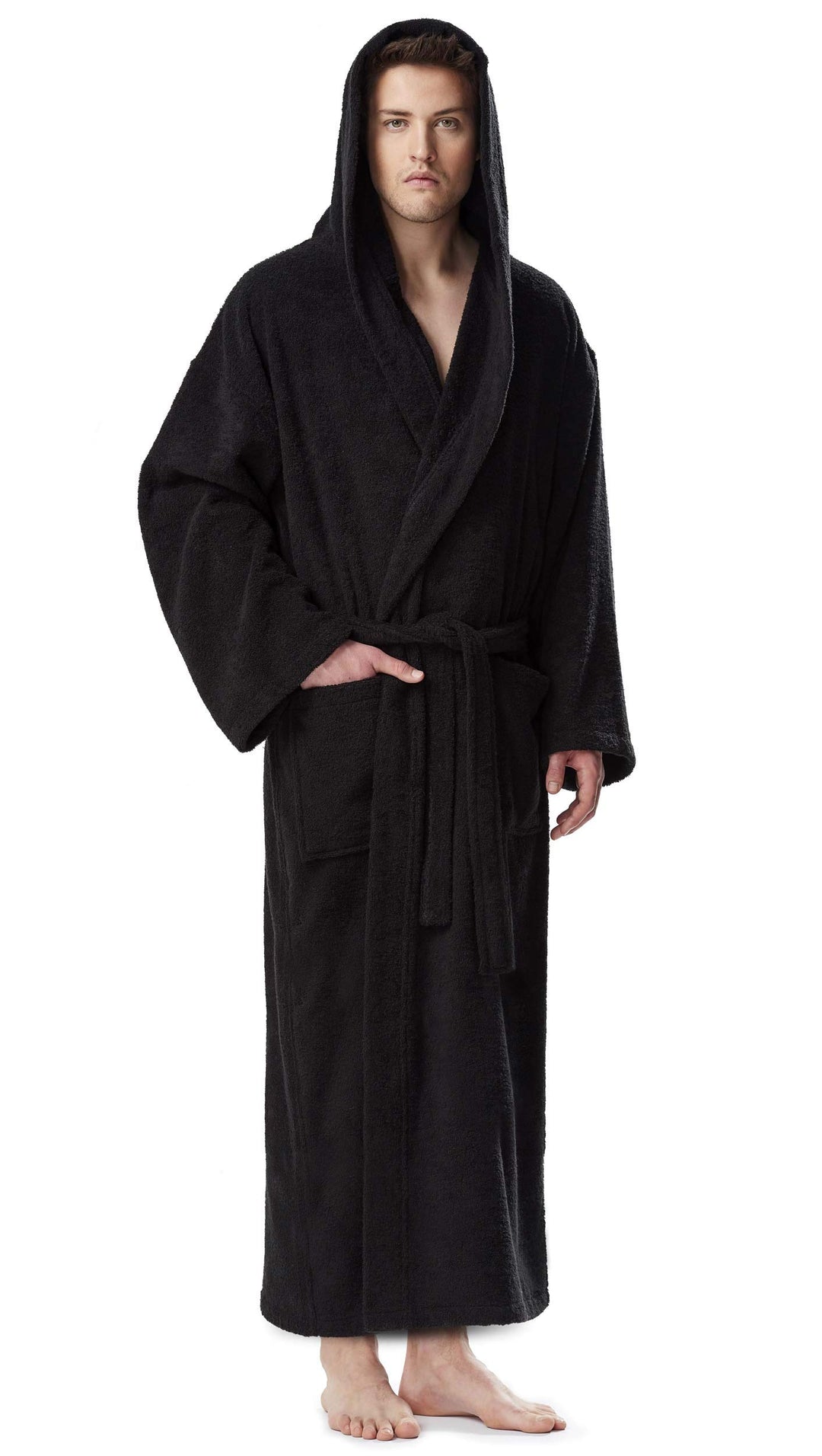 Arus Klassischer Herren-Bademantel mit Kapuze, türkischer Baumwollmantel mit voller Länge L-XL Schwa