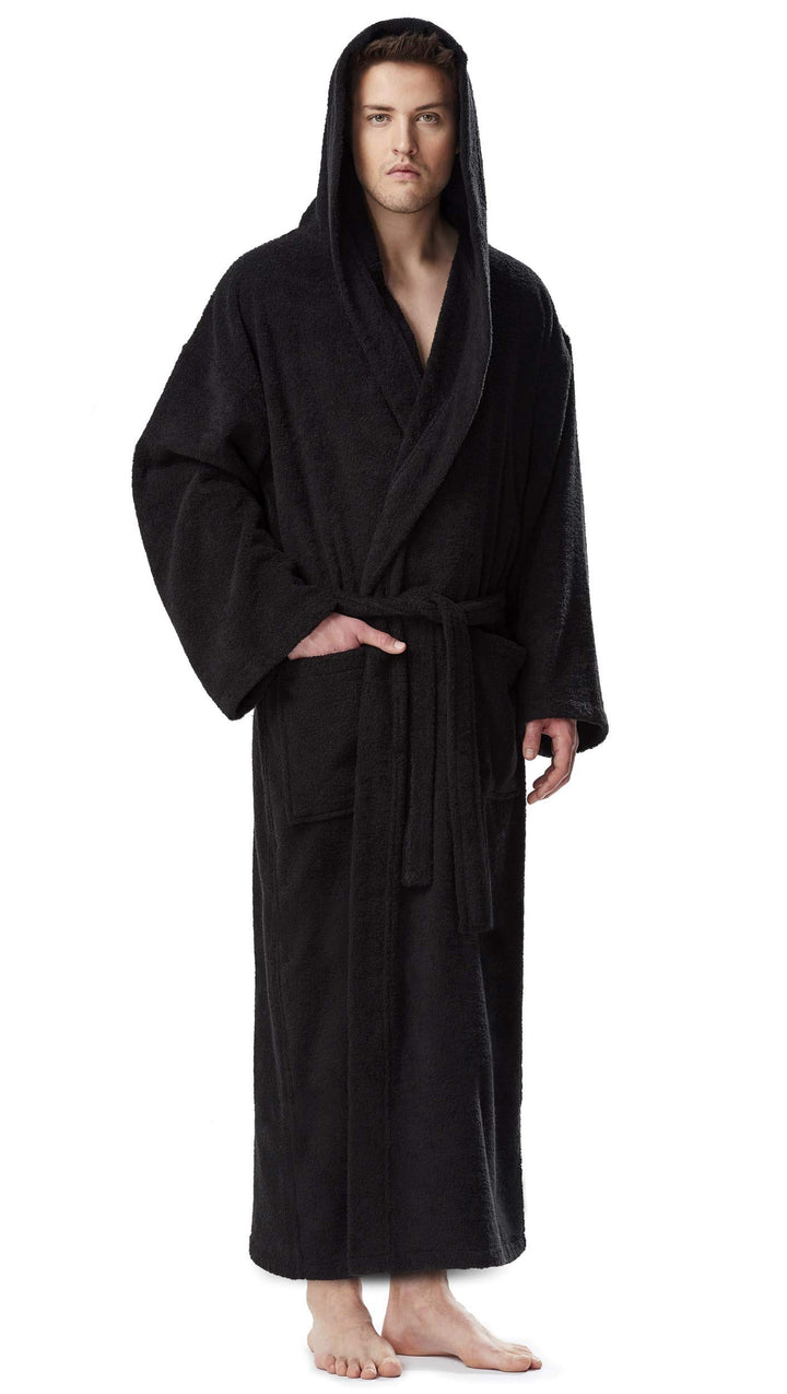 Arus Klassischer Herren-Bademantel mit Kapuze, türkischer Baumwollmantel mit voller Länge L-XL Schwa