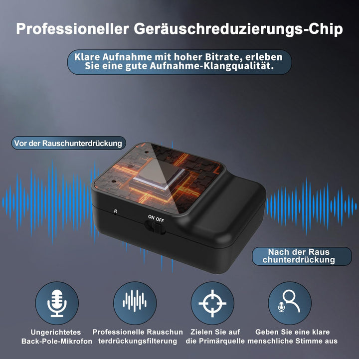 64GB Diktiergerät Mini - Tragbares USB-C Aufnahmegerät, Geräuschreduzierung, Magnetisch, One Touch D
