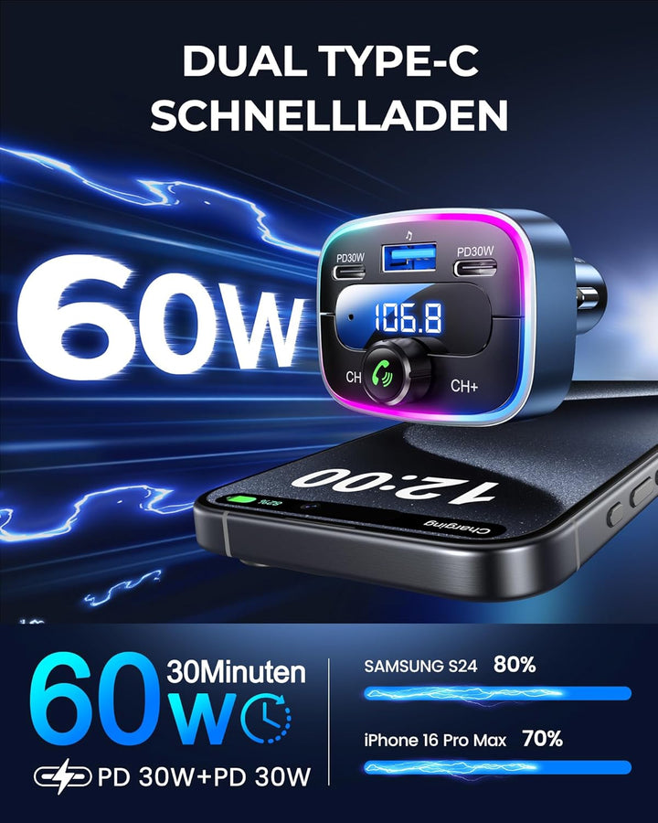LENCENT Bluetooth 5.4 FM Transmitter Auto Bluetooth Adapter, 60 W PD 30 W Dual-USB-C-Schnellladung,