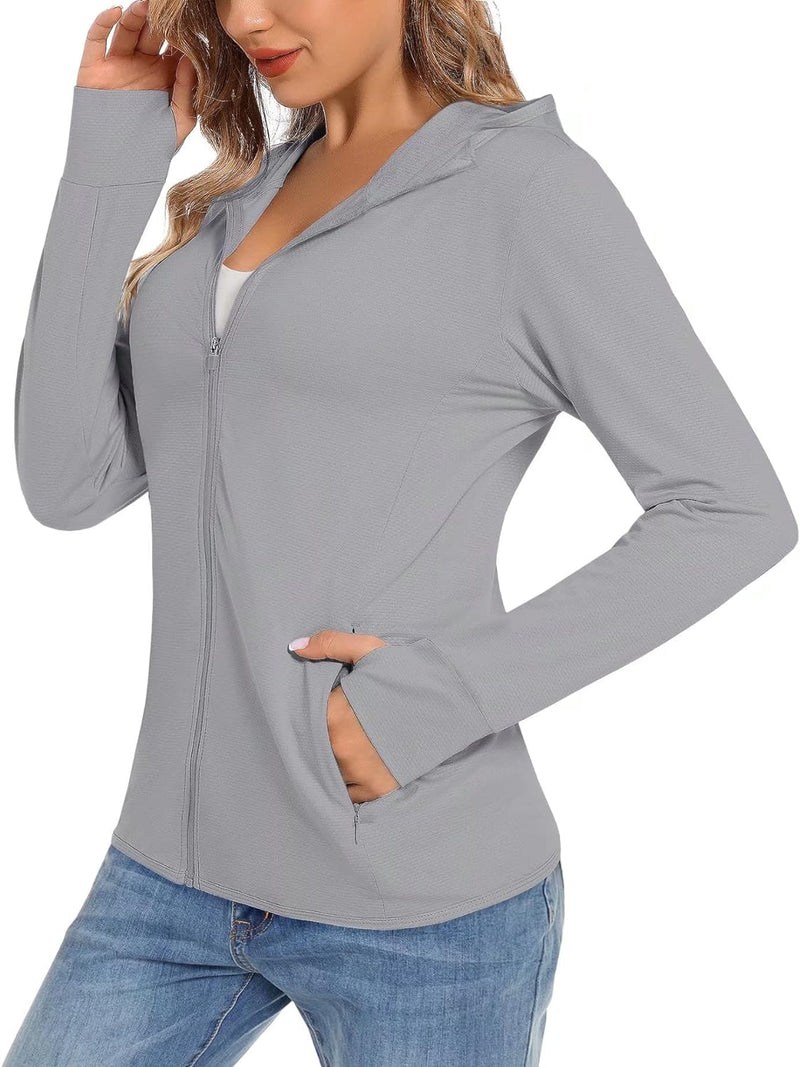 TACVASEN Damen UV Shirt Kapuze Jacke Langarm Laufshirt Schnelltrocknend Sportshirt Full Zip Sun Hood