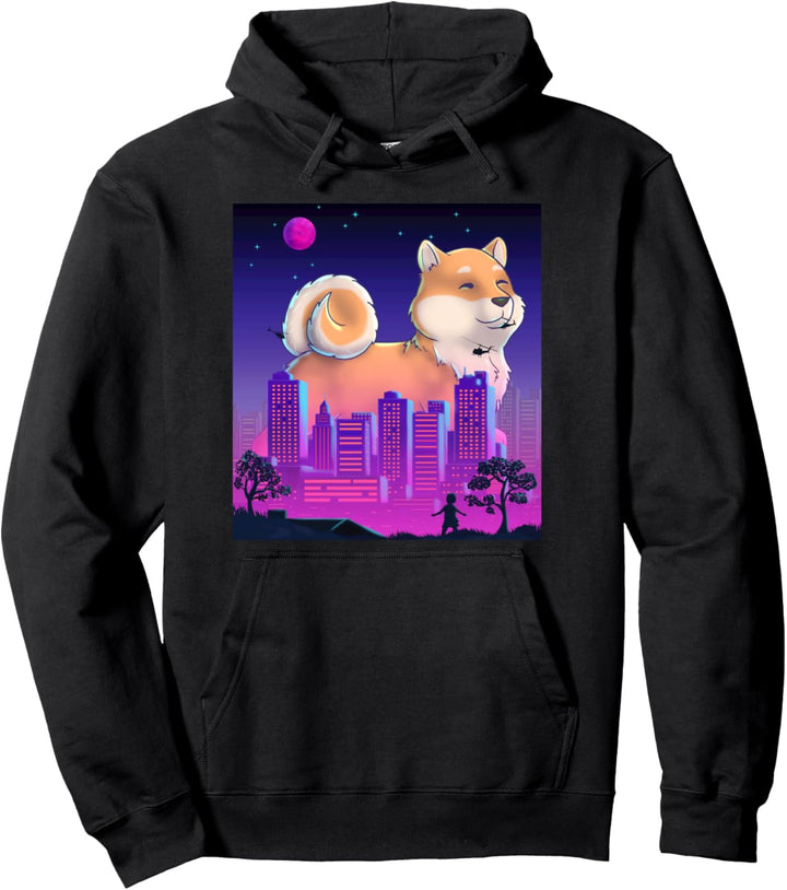 Giant Shiba Inu Dog Vaporwave Retro Synthwave Monster Pullover Hoodie