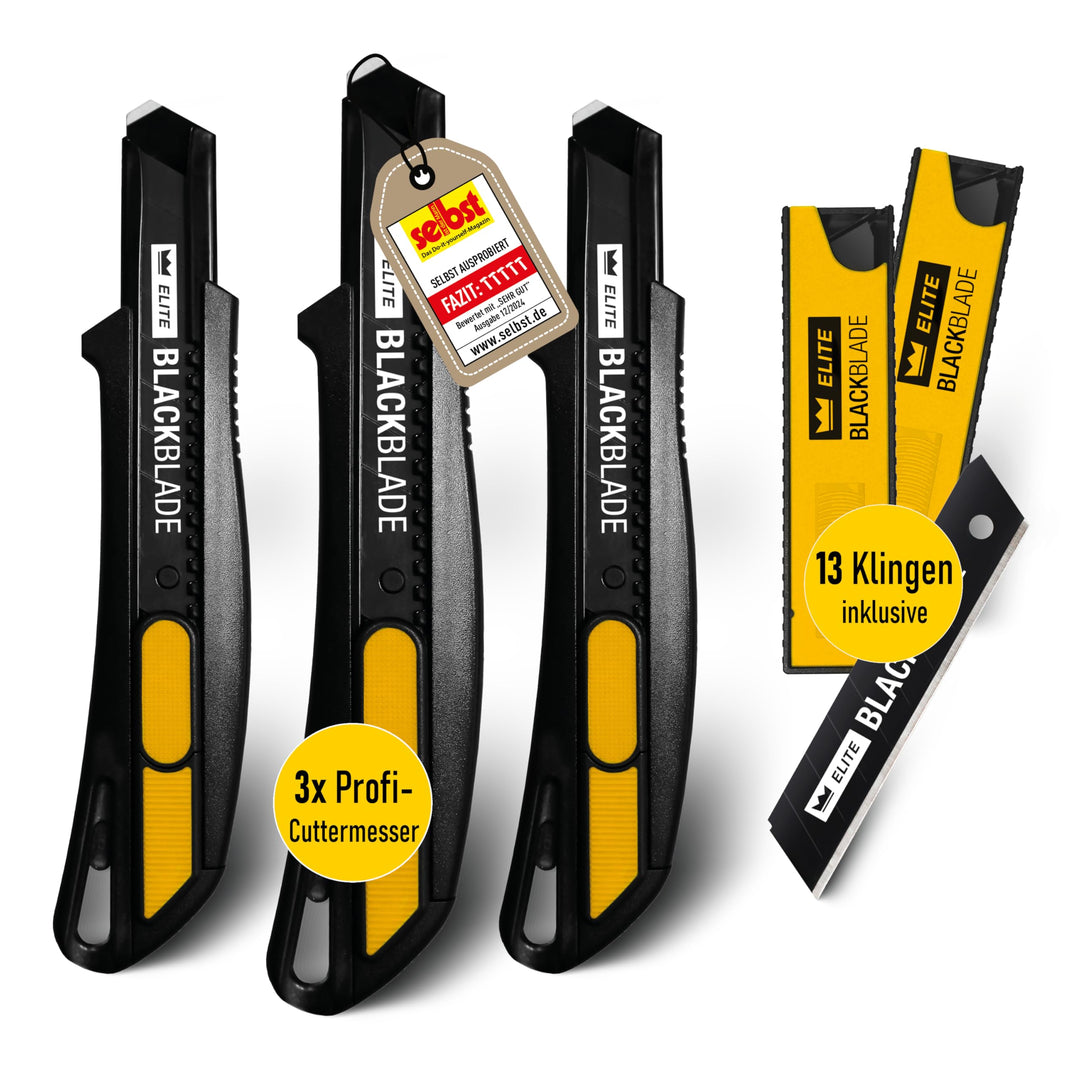 3x ELITE SNAPBACK Sicherheitsmesser Set inkl. 13x Ersatzklingen – Extrem langlebiges Universal-Cutte