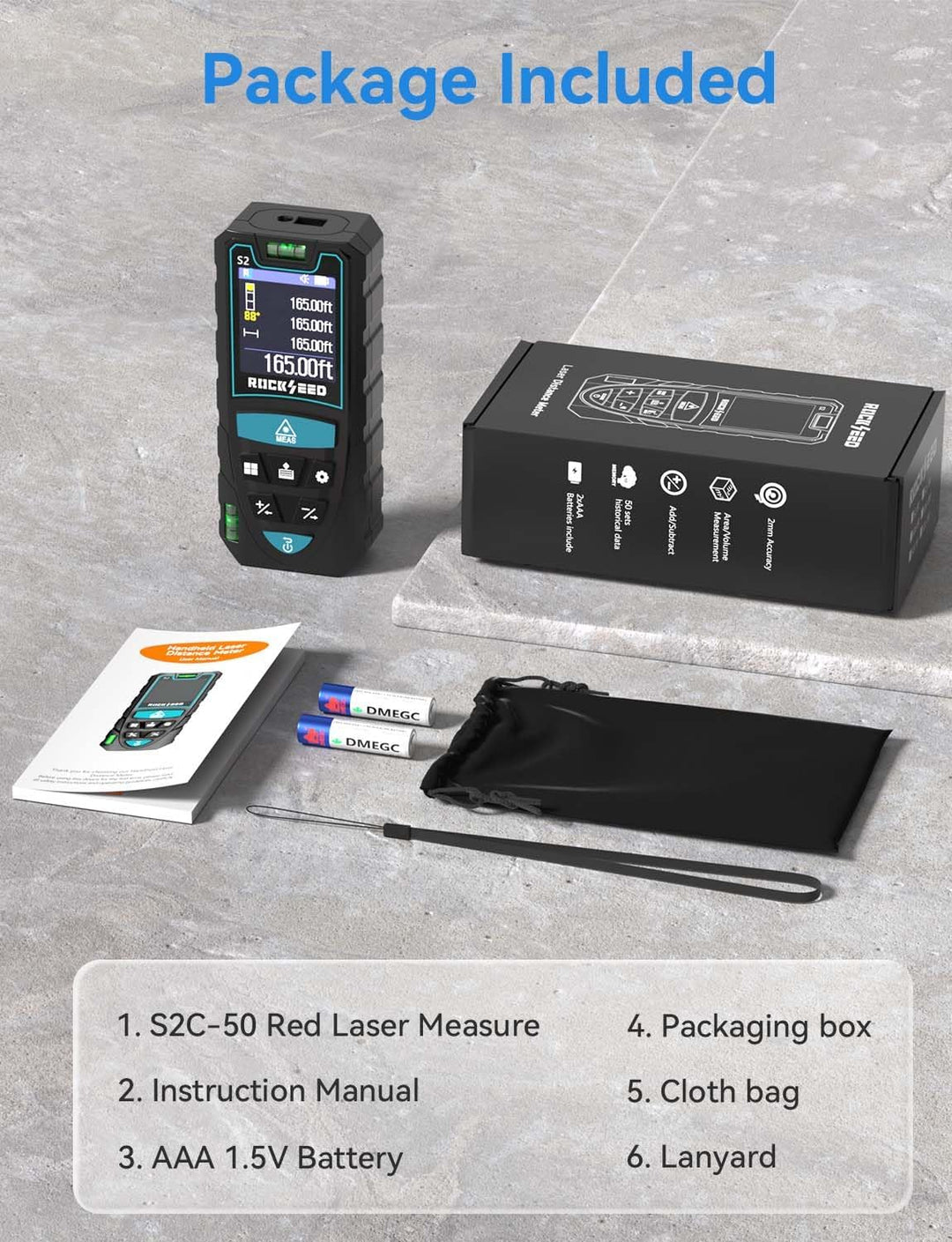 RockSeed Laser-Entfernungsmesser 50m, Drehbarer Farb-Bildschirm,5 Einheiten | 12 Messmodi, Elektroni