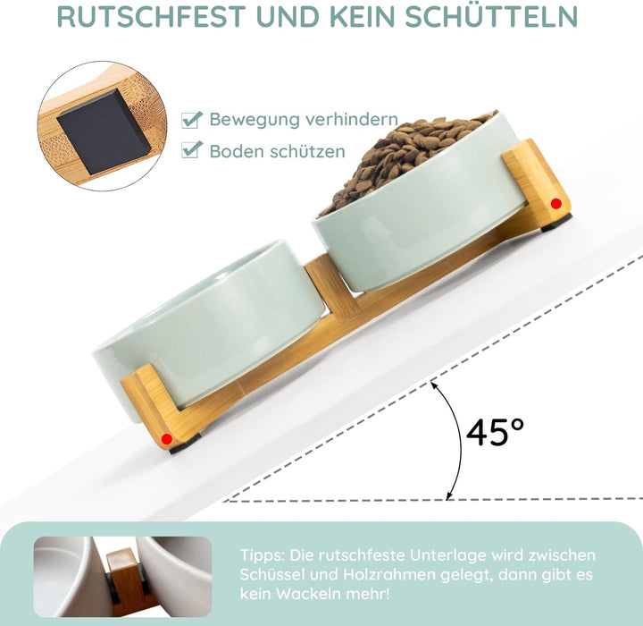 SPUNKYJUNKY Keramik Doppel Futternapf mit Bambus Ständer für Katzen und Hunde (400ml, Hellgrün), Dop