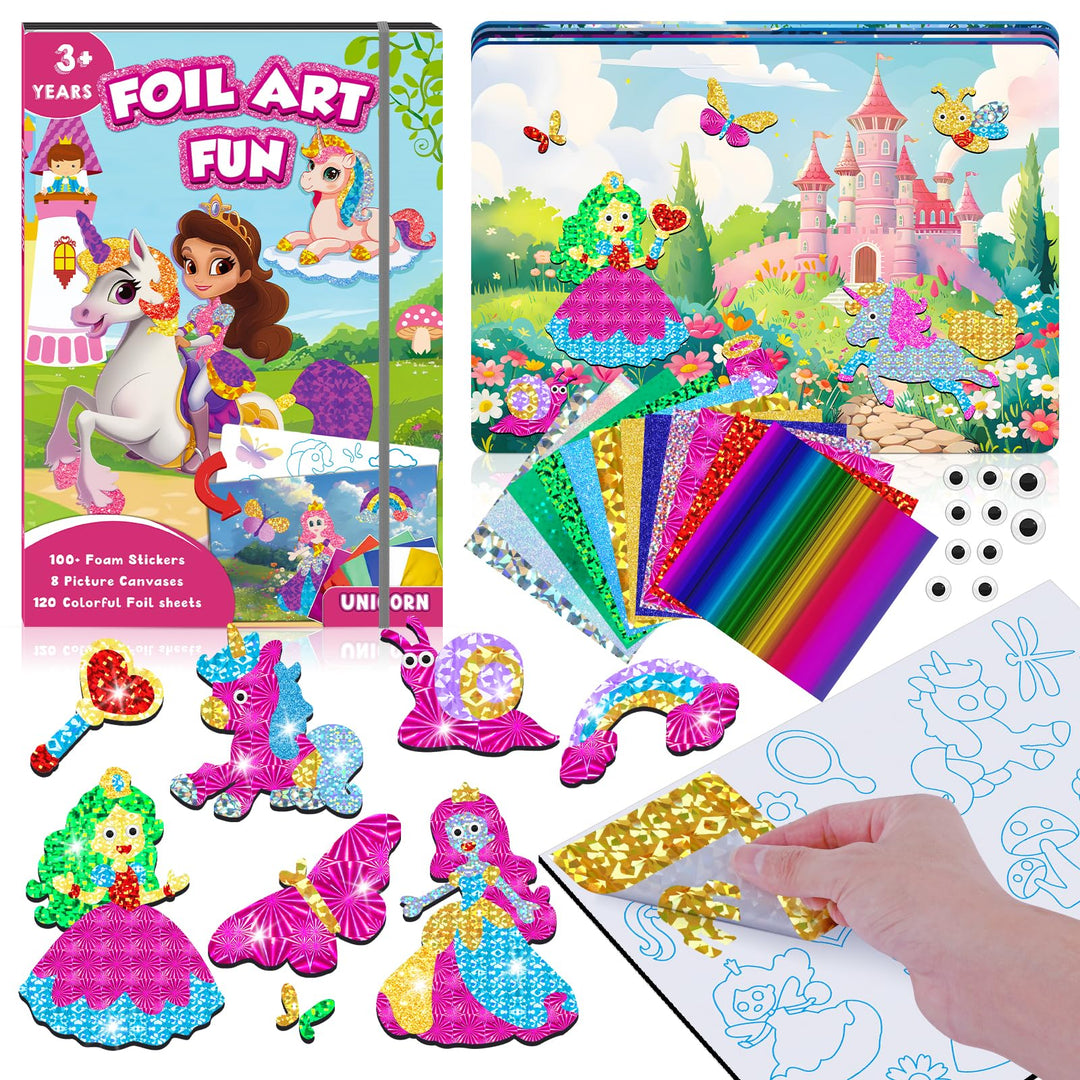 Lustiges Folien-Kunst-Set für Kinder, Einhorn und Prinzessin, Folienkunst für Kinder, Kunst-Bastelse