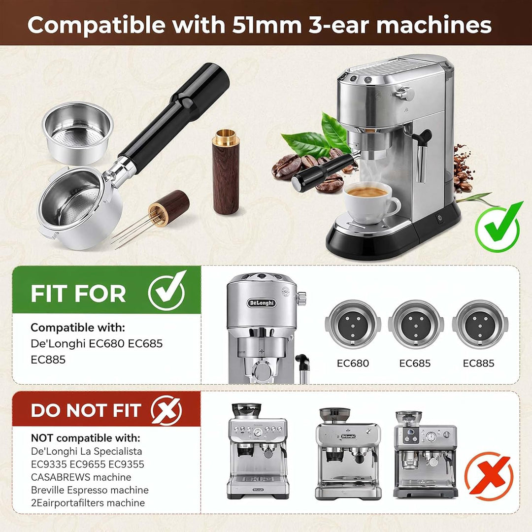 Siebträger Ohne Boden 51mm 3 Nasen Kompatibel mit DeLonghi Dedica EC680 EC685 EC885, 2x Edelstahl Si