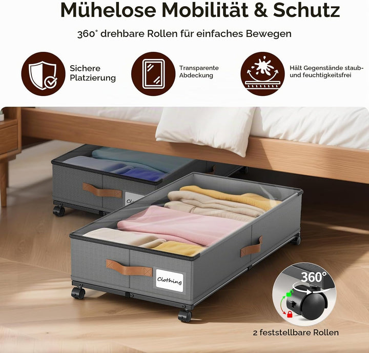 2 Stück Unterbett Aufbewahrungsbox 48L 78×42×17cm Unterbettkommode Bettkasten mit Rollen 360°Drehung