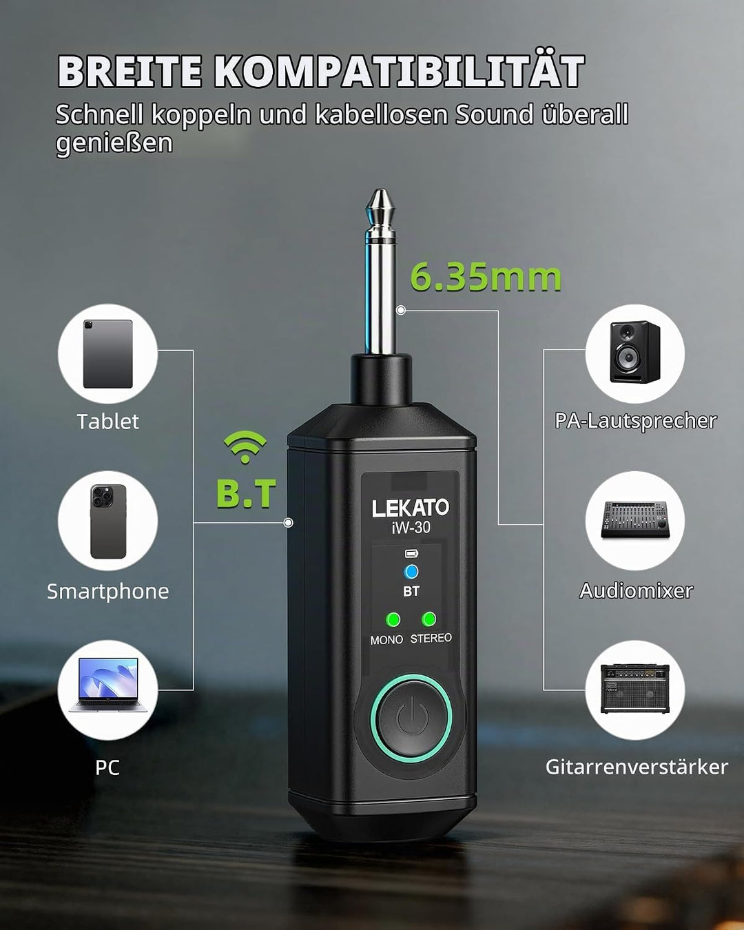 LEKATO iW-30 Bluetooth-Empfänger mit 6,35 mm Klinkenstecker, Mono/Stereo Wireless Audio Receiver, 15