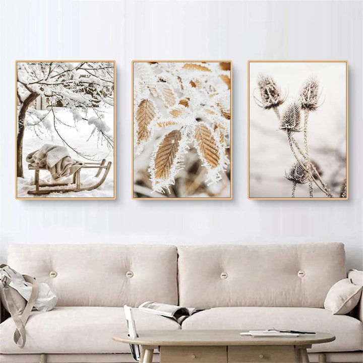 TROYSINC 3er Premium Poster Set, Winter Bilder, Elch, Holzhaus, Wald Wandkunst Wandbilder, Leinwand